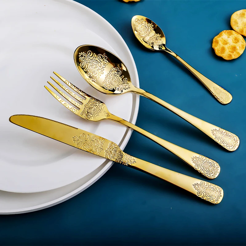 Noble Golden Cutlery Set,European Knife and Fork Spoon Embossed Western Tableware Retro Stainless Steel Dinnerware Sets