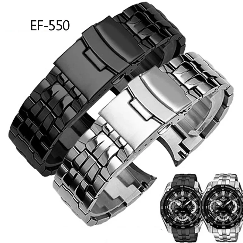 For Casio EF-550 EF-524 Stainless Steel Watchband 22mm Silver Strap Deployment Buckle Bracelet Metal Belt Men\'s Watch Chain