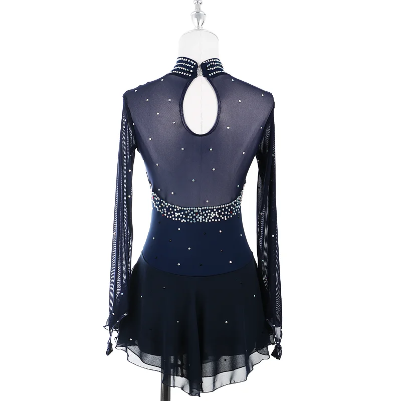 Navy Blue Red Figure Skating Dress For Women And Girls Long Sleeve Ice Figure Skating Clothes With Rhinestones