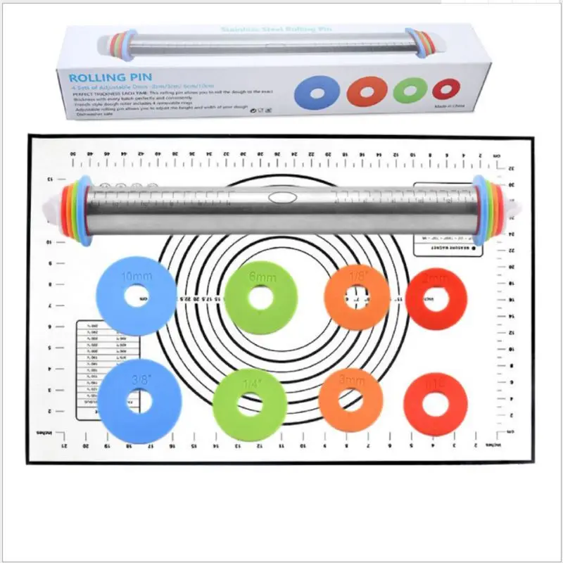Stainless Steel Adjustable Thickness Rolling Pin, Scale Rolling Pin Rolling, Silica Gel Mat, Panel Kneading Baking Tool, 17