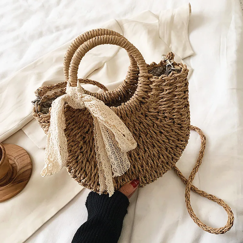 Bowknot Woven Bag Female 2021 New Shoulder Portable Hand-Woven Straw Bag Seaside Vacation Beach Bag Tide