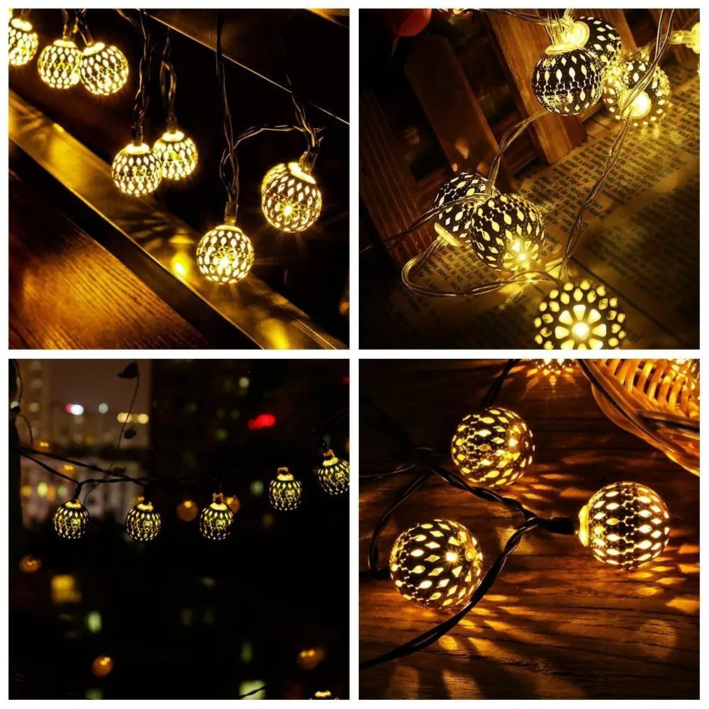 Moroccan wrought iron hollow small ball outdoor waterproof LED string lights Christmas garden decoration lights