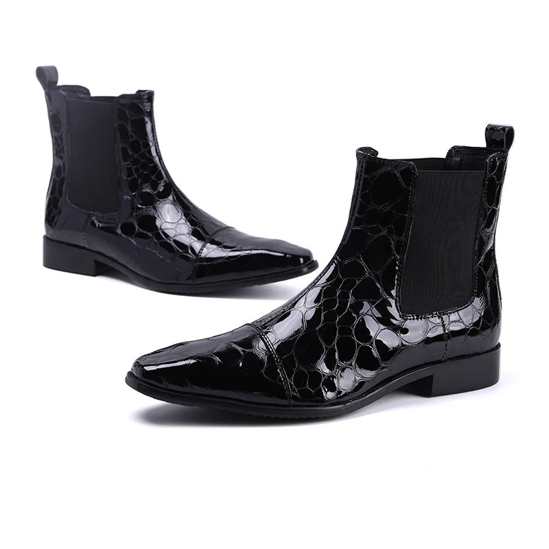 Spring Man High Boots Thick Heel Fashion boots Square head Patent Leather Bare Boots Chelsea Short Men\'s Boots