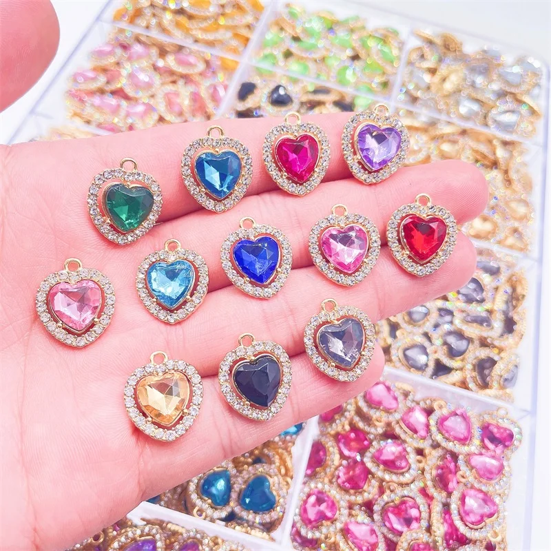 Peixin 10pcs/set Fashionable Colorful Cute Crystal Heart-Shaped Women\'s Jewelry Accessories DIY Jewelry Making Charm Wholesale