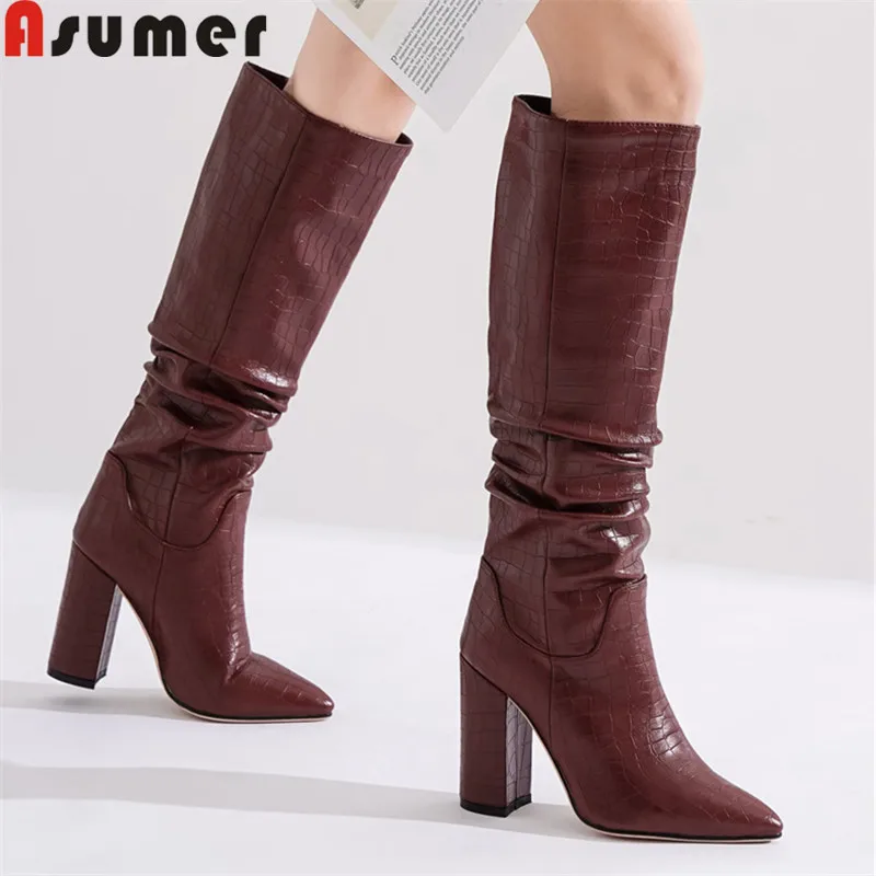 ASUMER 2021 cowboy western knee high boots women pointed toe pleated European Style autumn winter boots thick high heels woman