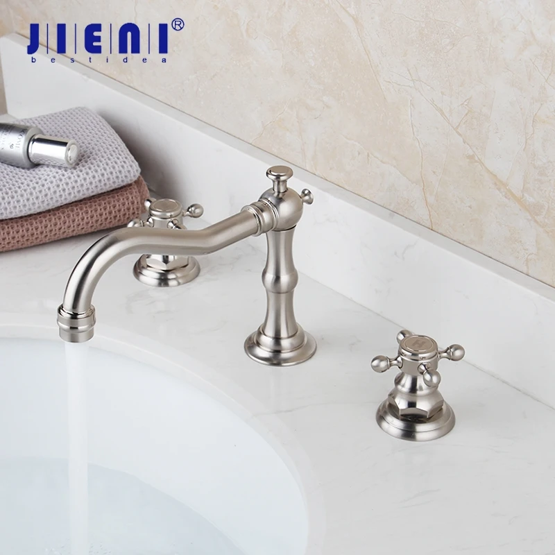 

JIENI Nickel Brush 3 Pcs Bathroom Wash Basin Sink Tap Solid Brass Vessel Dual Handles Bathtub Mixer Tap Faucet Swivel Spray Tap