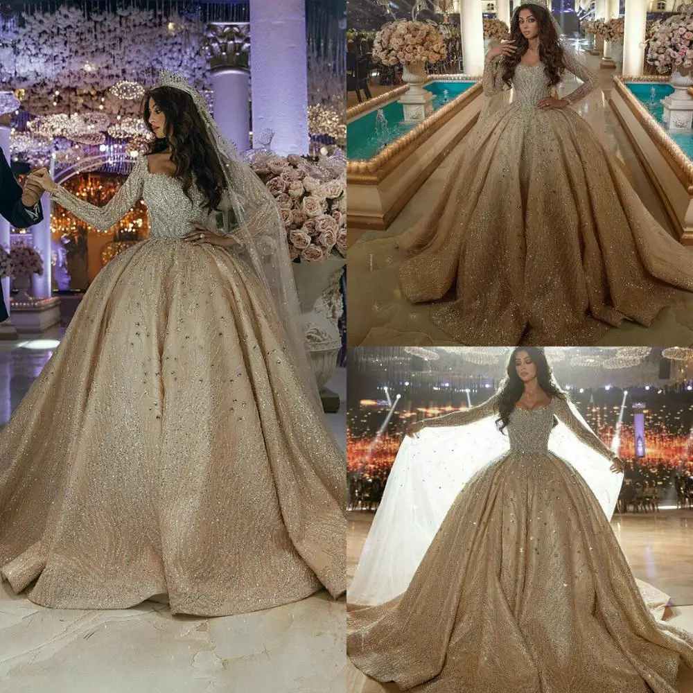 Luxury Champagne Ball Gown Wedding Dresses 2020 Beading Long Sleeves Bridal Gowns Lace Appliqued Plus Size Wedding Dress