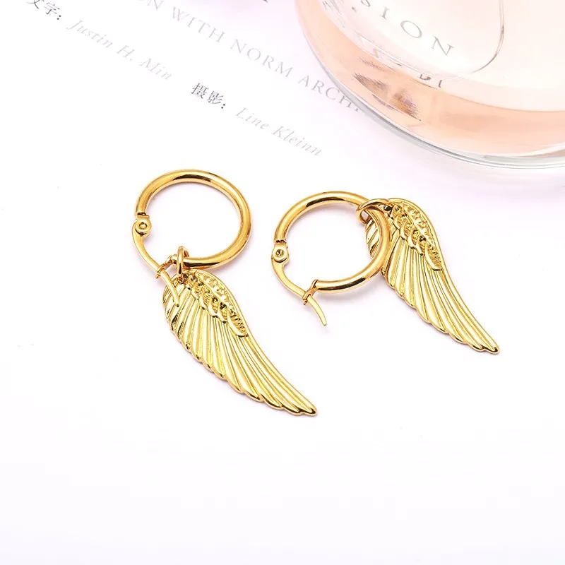 Gold Color Stainless Steel Angel Wings Dangle Earrings for Men Boy Fashion Feathers Punk Cool Male Jewelry