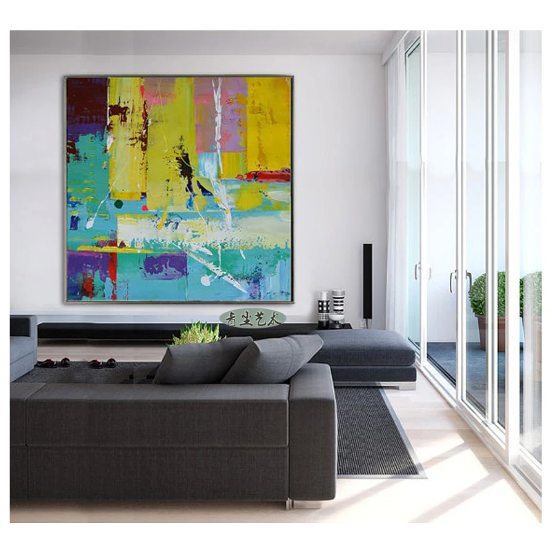 Chien Square Oil Painting Modern Abstract Blue And Yellow Oil Painting The Living Room Entrance Corridor Hotel Clubs Substantial