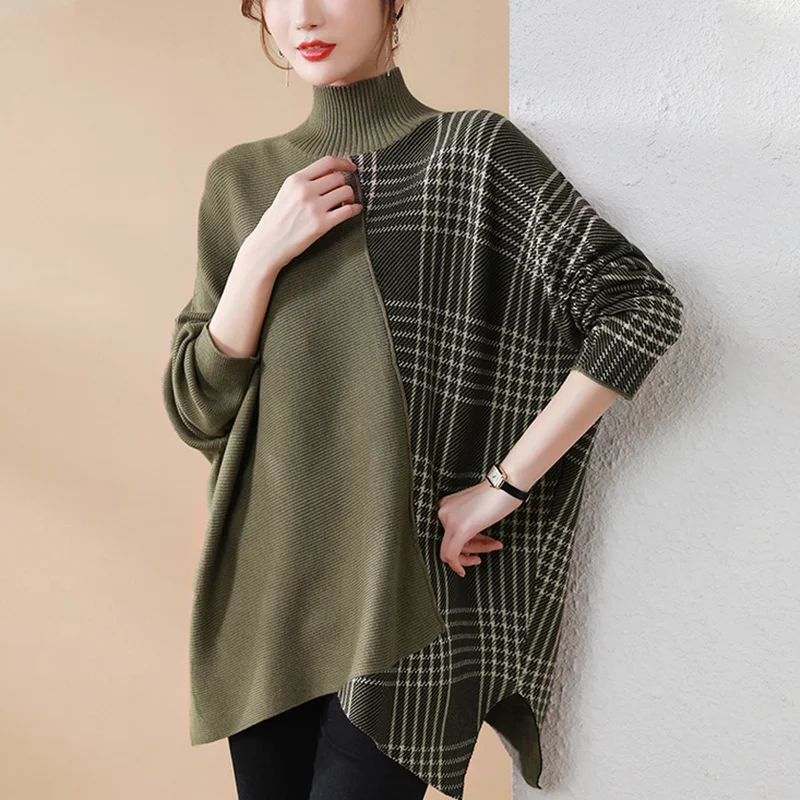 

bat-sleeve sweater women's new loose high-neck plaid irregular knitted top