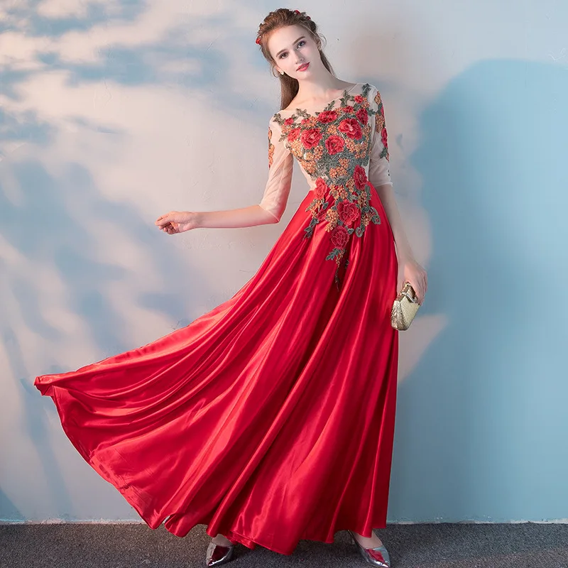 Doce flor laço pesado bordado vestidos de noite longo renda o-pescoço ruched elegante vestidos de baile vermelho rendas até voltar robe de soriee