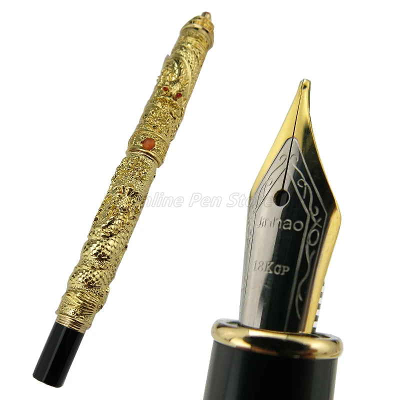 

Jinhao Golden Double Dragon Playing Pearl Carving Embossing Tower Cap Medium Nib Heavy Fountain Pen Office School Stationery