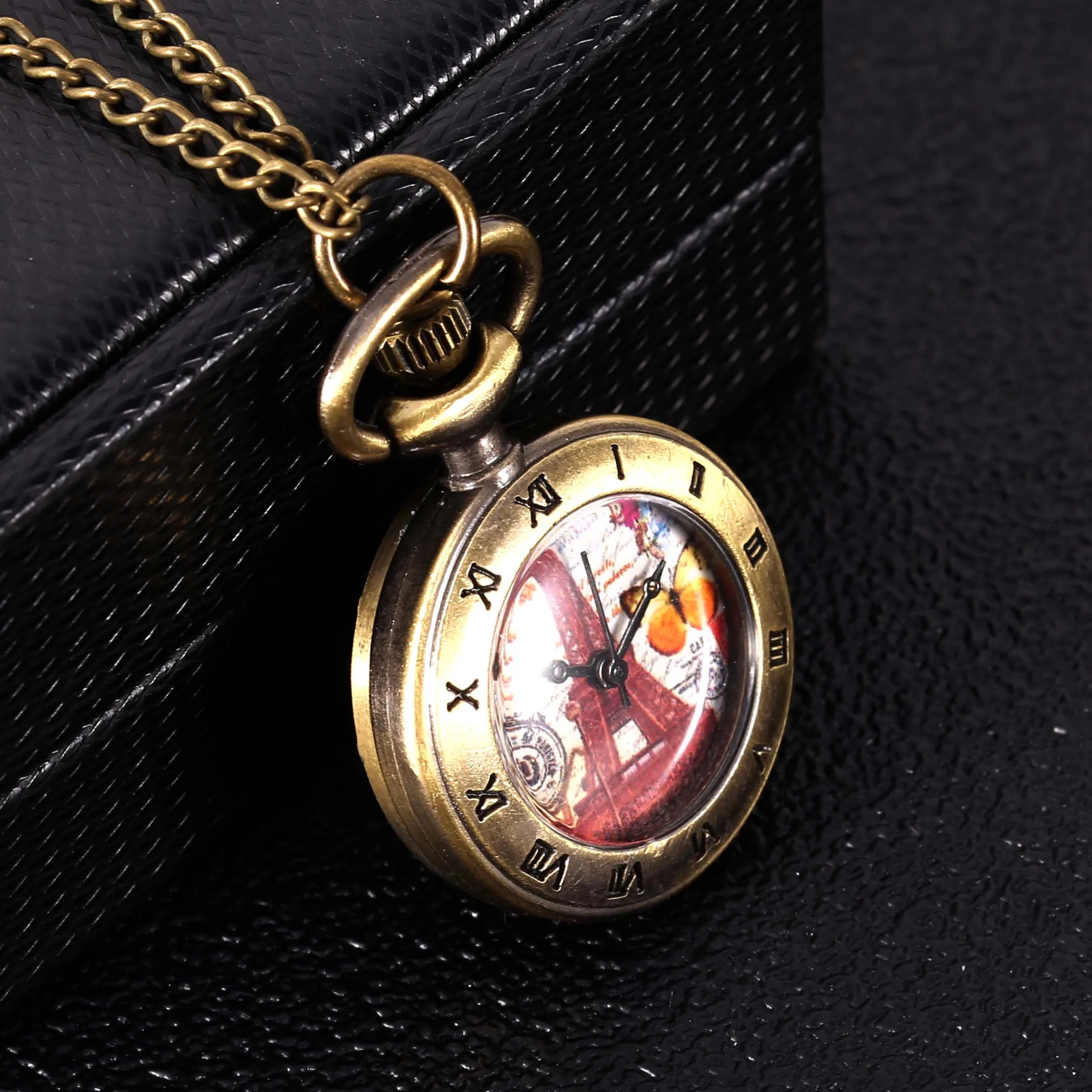 8894Copper Roman Scale Red Paris Tower Large Pocket Watch