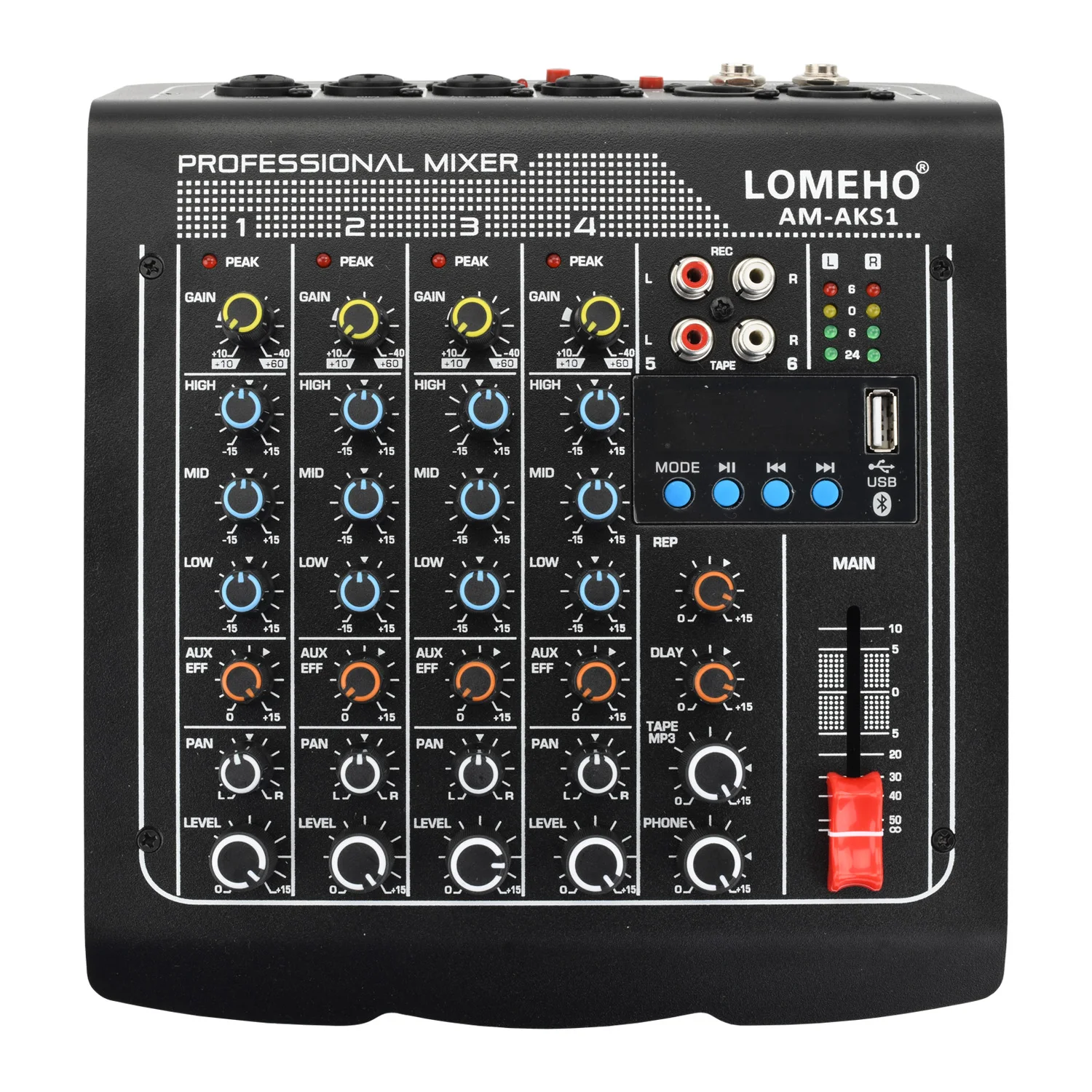 

Lomeho AM-AKS1 4 Mono 1 Stereo 6 Channel Bluetooth USB Play Record Karaoke DJ Party School Meeting Church Family Audio Mixer