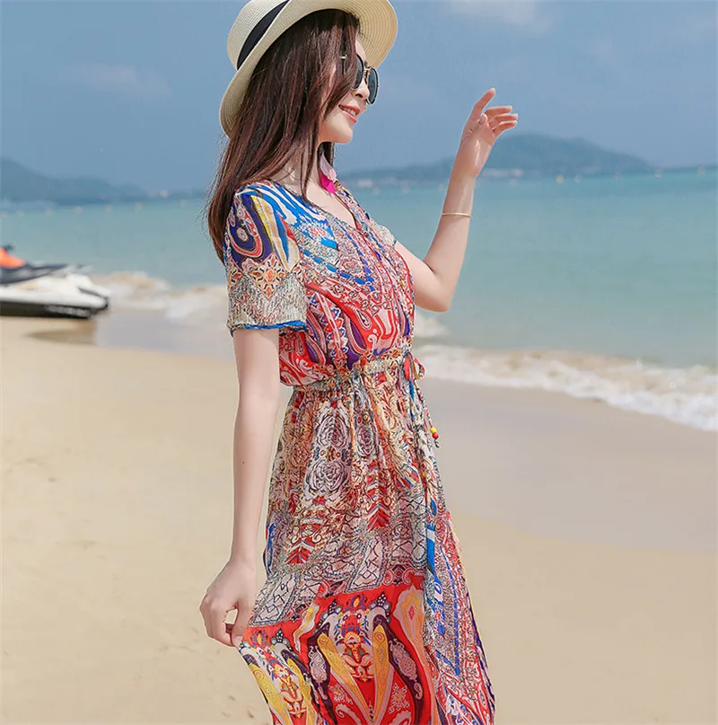 

Dress Summer Famale Beach Bohemian Floral Womens Dresses Large Sizes Vestidos Verano 2020 Chiffon Boho Clothing FYY650