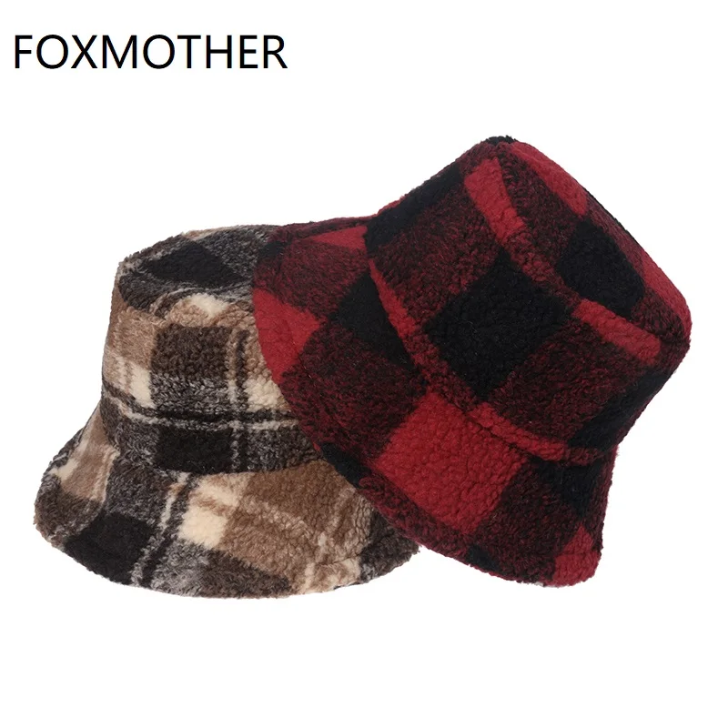 FOXMOTHER Fashion Outdoor Bob Warm Lamb Faux Fur Fluffy Fishing Caps Mens Women Winter Check Tartan Plaid Bucket Hats Ladies