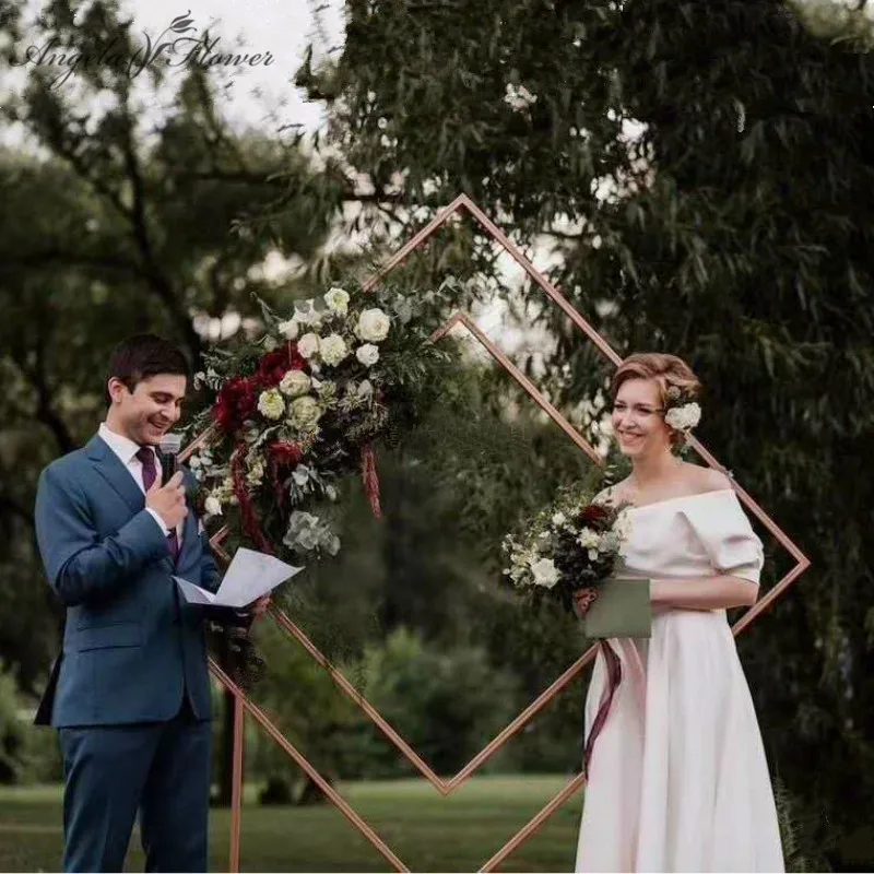 

Wedding arch wrought iron square quadrilateral diamond shelf geometrical artificial flower stand party backdrop decor frame arch