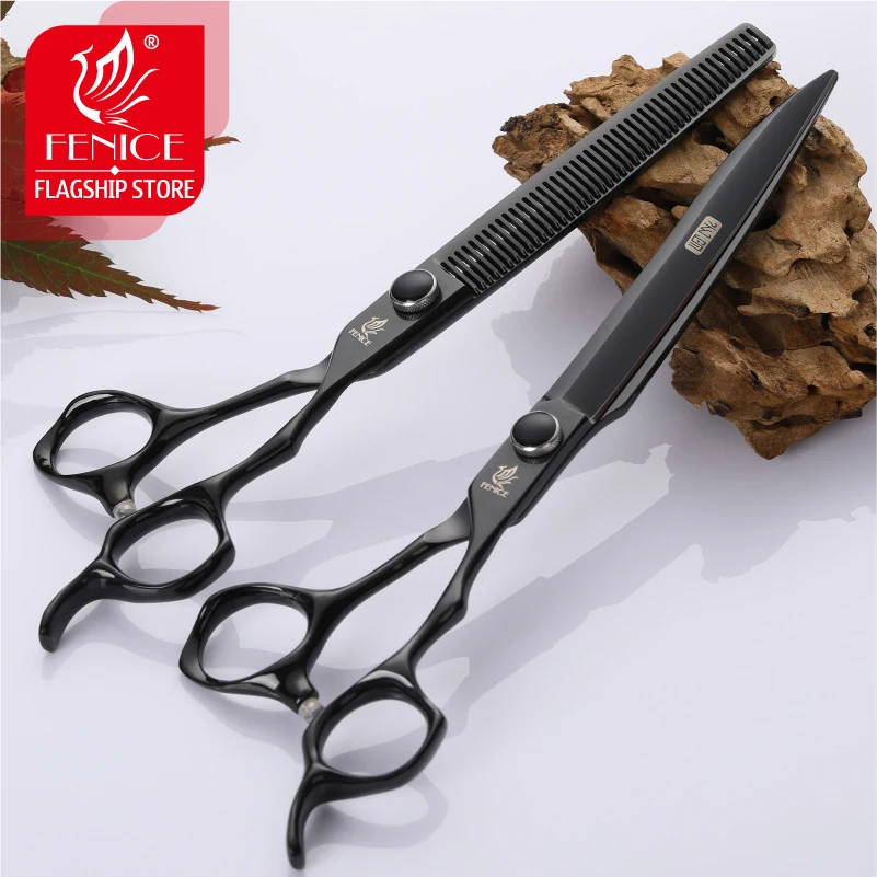 Fenice 7/7.5 inch Professional Black Pet Scissors Set for Dog Grooming Cutting&Thinning Shears Set Animal Haircut Scissors Kit