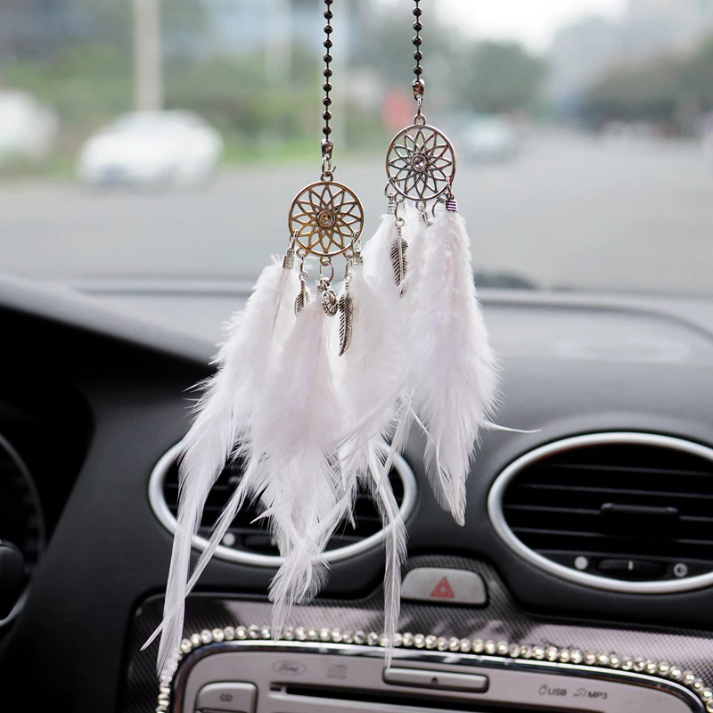 Dream Catcher Car Pendant Wind Chimes Car Accessory Interior For Girls Feather Mirror Hanging Pendant Auto Ethnic Home Decor