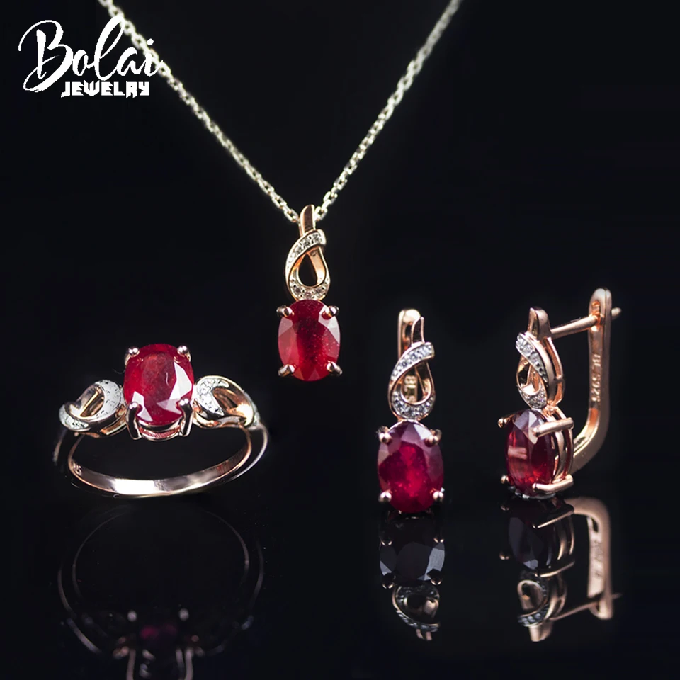 

Bolai Natural Ruby Jewelry Sets Kits 925 Sterling Silver Necklace Earrings Ring 8*6mm Jewellry for Woman Anniversary Xmas Gift