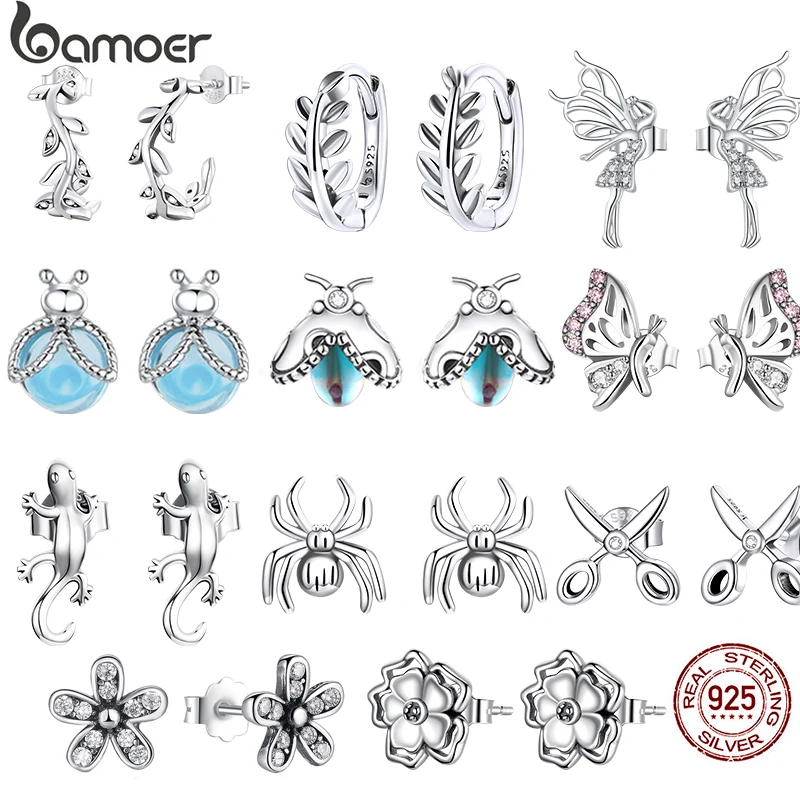 BAMOER Silver Leaf Ear Studs 100% 925 Sterling Silver Delicate Leaf Earrings for Women Statement Jewelry Spider Earrings Flower