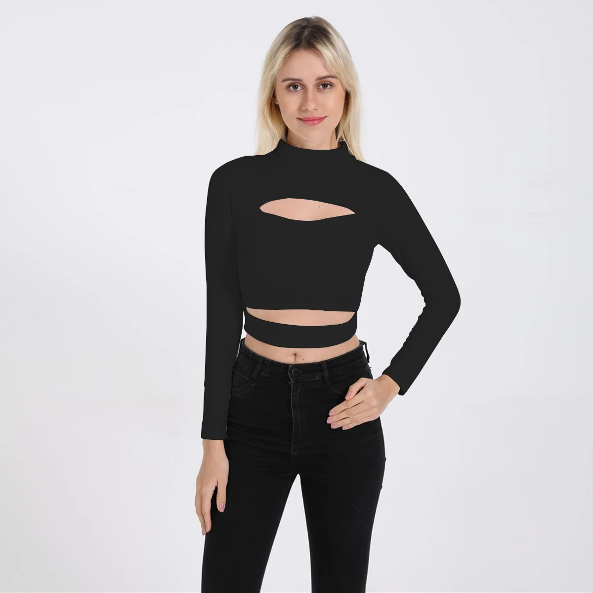 

QLUKEOYY 2021 Women's Fashion Wrap Crop Top Sexy Hollow Out Long Sleeve Tee Casual High Collar Tops