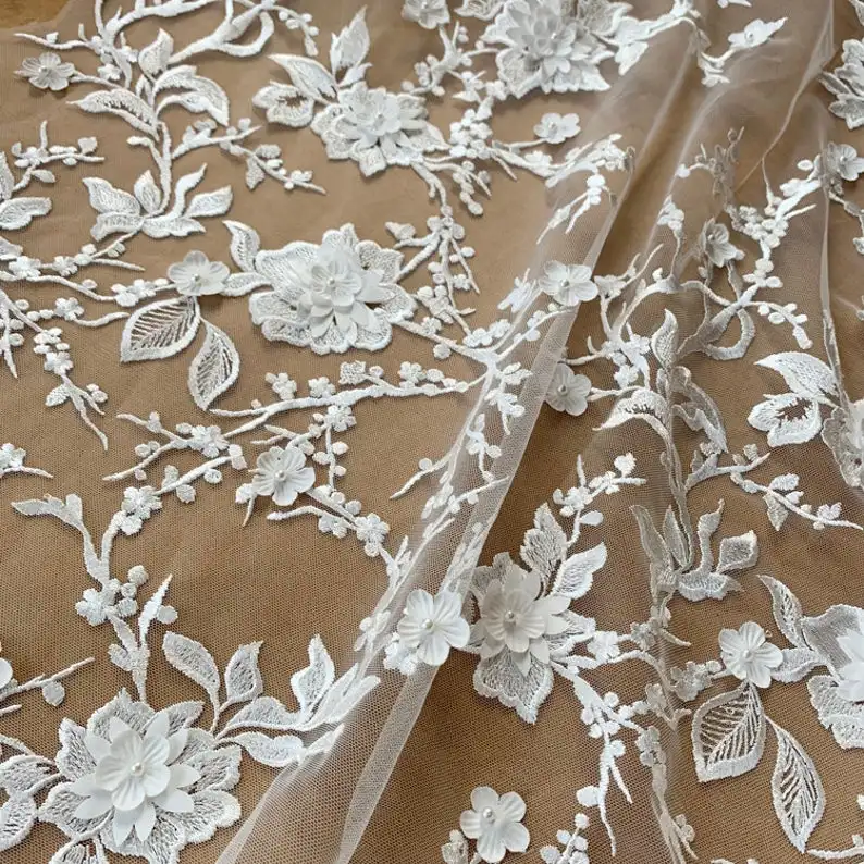 

1 Yard Off White Beaded 3D Petal Flower Lace Fabric Embroidered Fabric For Wedding Dress, Evening Gowns, Costume Design