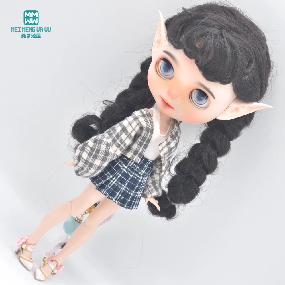 Clothes for Doll Fits Blyth Azone OB22 OB24 Doll Fashion Woolen Jacket Plaid Top Blue, Green, Black, Gray
