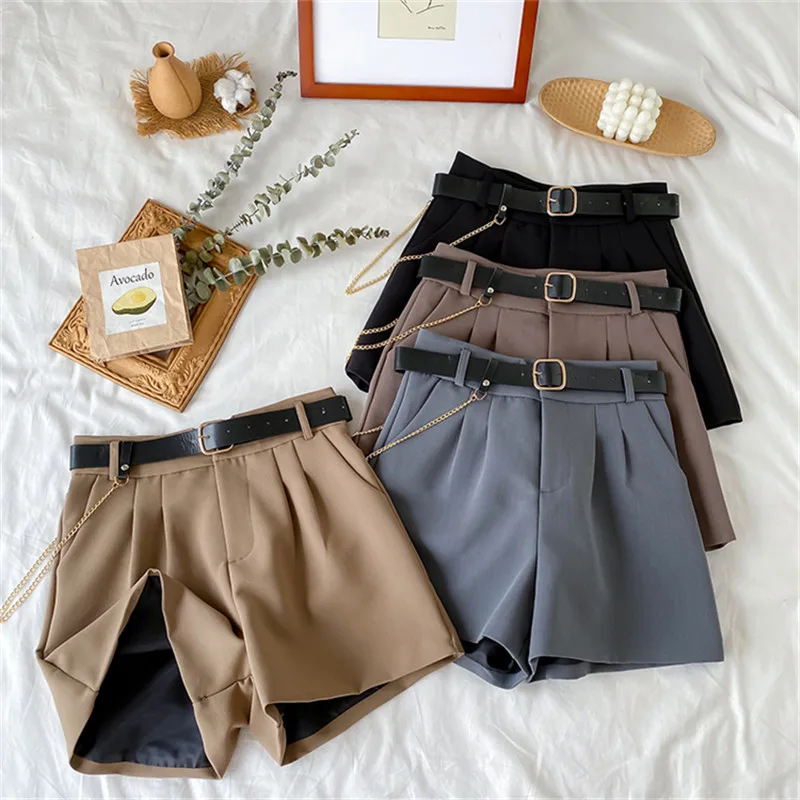 Women Chain Suit Shorts 2021 Korea Summer All-match Sashes Wide Leg Shorts Office Lady High Waist A-Line Straight Casual Shorts