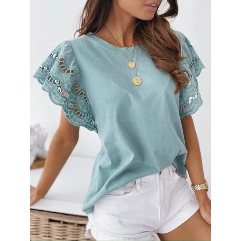 

Summer Women Patchwork Lace Tops Sexy Slim Shirts Casual Flared Short Sleeve Fashion Lady Hollow Out Round Neck Solid