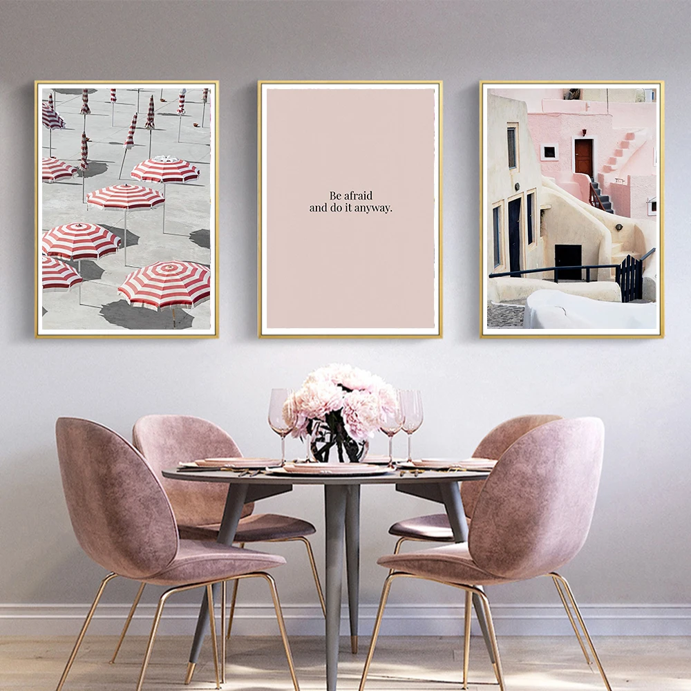 Pink Parasols Wall Art Decoration Canvas Painting Santorini Buildings Posters And Prints Letter Wall Pictures For Living Room