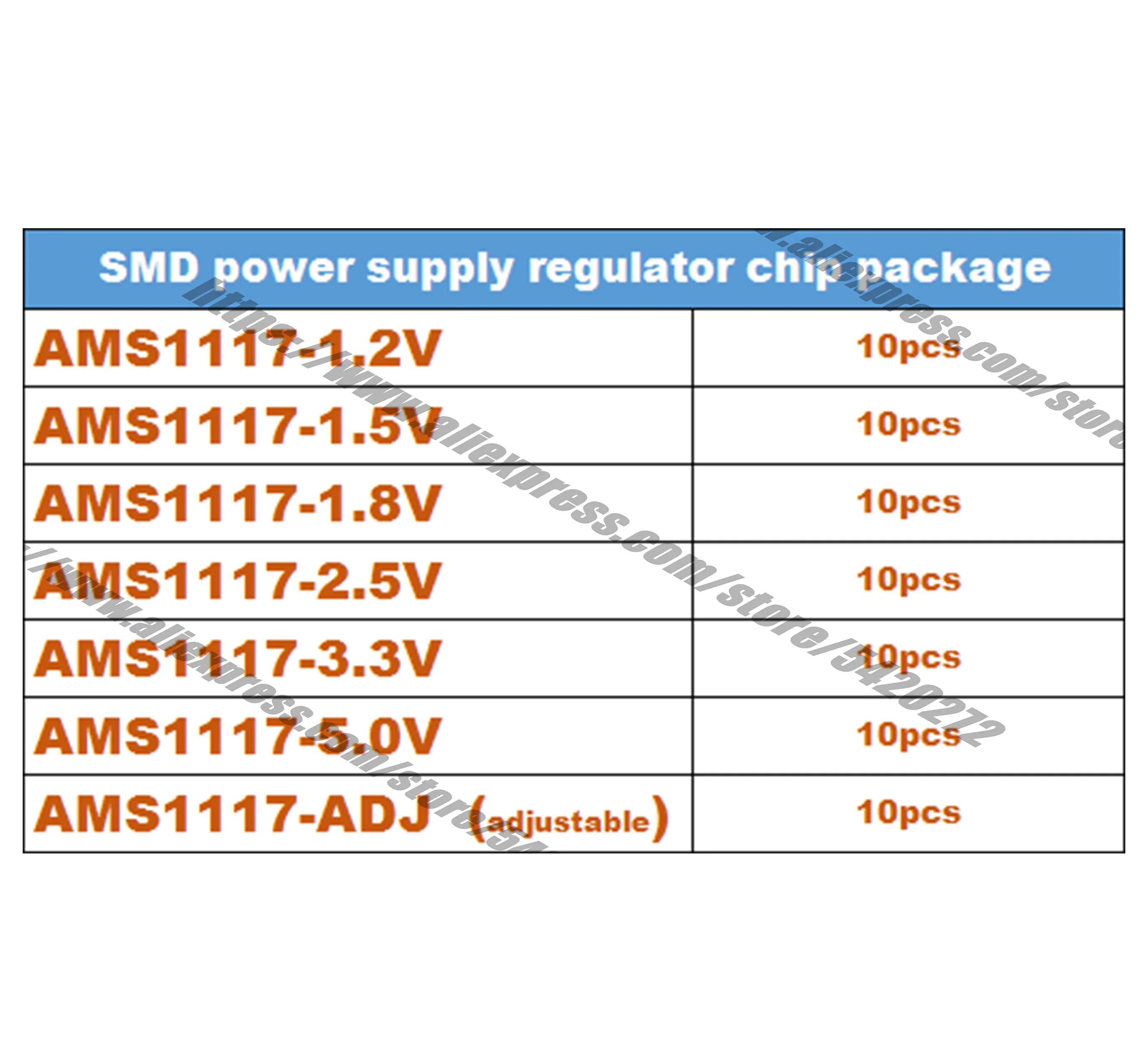 

AMS1117-1.2V/1.5V/1.8V/2.5V/3.3V/5.0V/ADJ Total 7 types, 10 each, 70 total