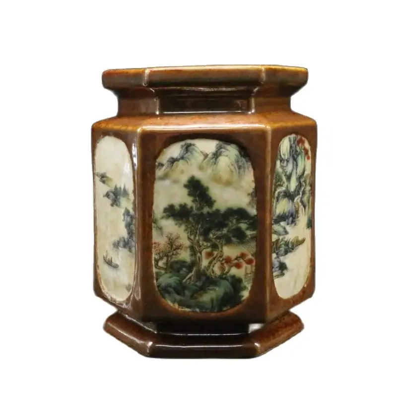 China Old Porcelain Pastel Hexagonal Penholder Character Landscape Painting Vase