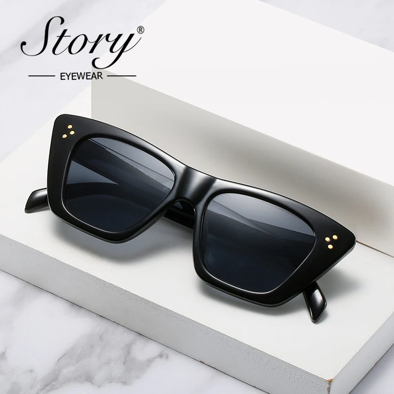 STORY Vintage Fashion Rivet Cat Eye Sunglasses Women Men Luxury Brand Design Trendy Blue Shades Retro Square Sun Glasses S20878G