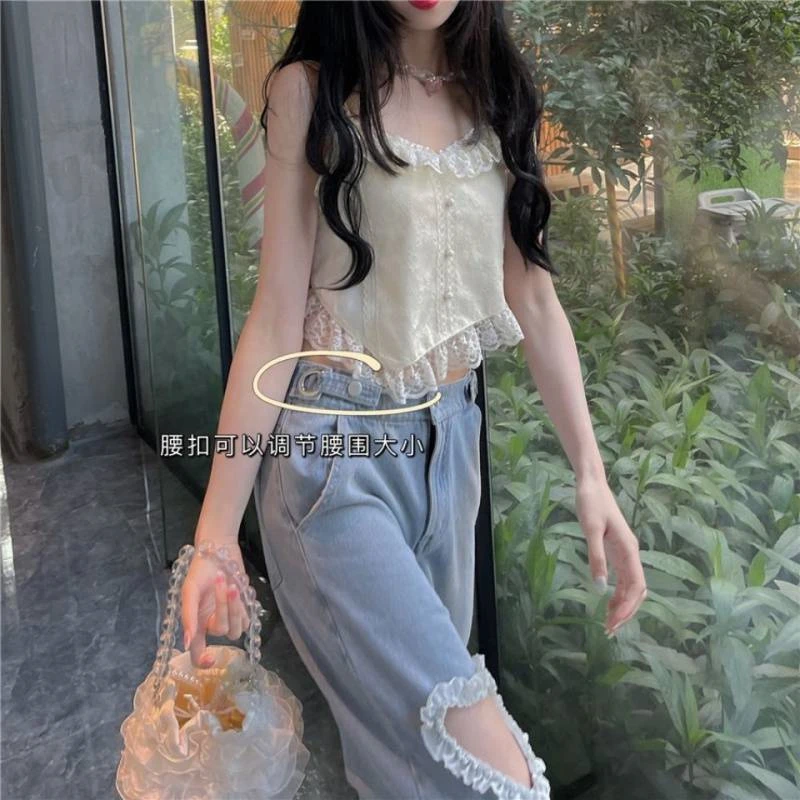 All-match fashion kawaii denim blue loose wide-leg women\'s jeans high waist heart chain summer thin casual cute casual