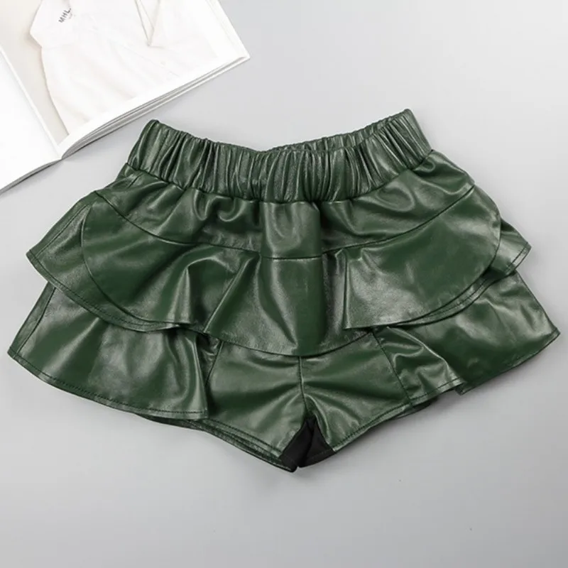 Design Sweet Ruffle Genuine Leather Shorts Skirt Women Elastic Waist Red Black Green Gray Sheepskin Shorts Female Mini Trousers