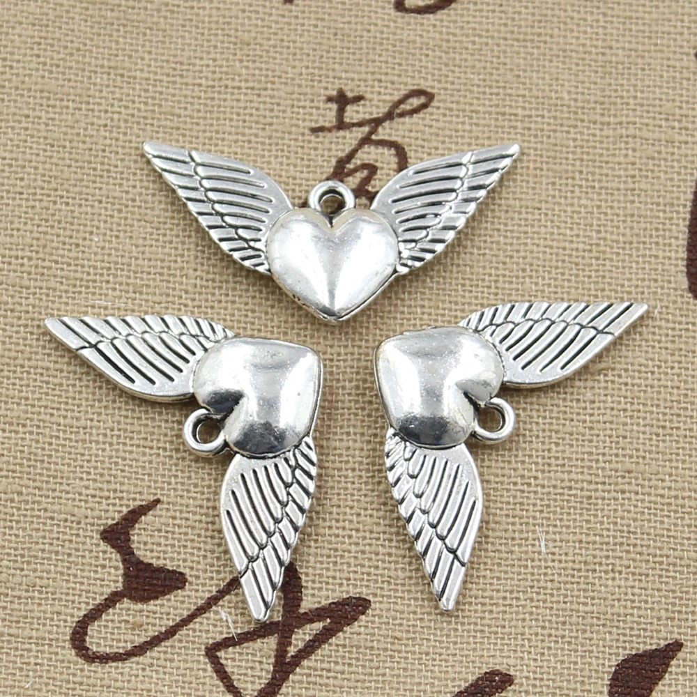 12pcs Charms Winged Flying Heart 25x12mm Antique Silver Color Pendants DIYCrafts Making Findings Handmade Tibetan Jewelry