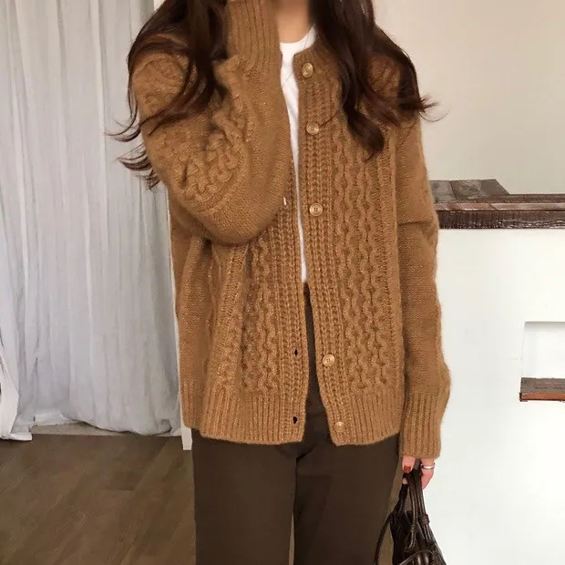 Fall Winter New Style 100% Cashmere And Wool Sweater Cardigan Women Loose Lazy O-Neck Twist Cardigans Soft Knitted Jacket