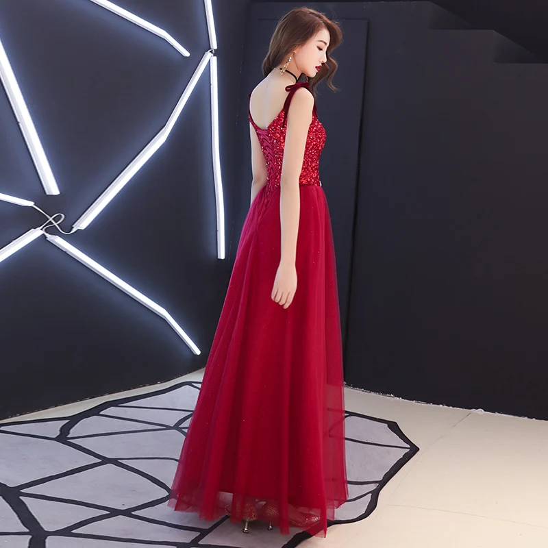 Vestido longo de festa com lantejoulas, vestido longo formal, sexy, vermelho, vinho, 2019, elegante, laços, costas, baile, festa