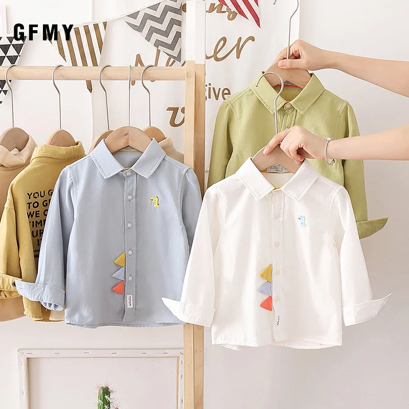 GFMY Boys Shirts 2021 Autumn New Cotton Long Sleeved Casual Shirt Baby Boys Cartoon Dinosaur Embroidery Shirt Childrens Clothing