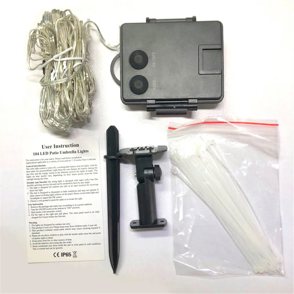 Umbrella Light Solar Light 104 LED String Light Outdoor Waterproof IP67 For Holiday Vacation Party Tent Dinner Seaside Decora