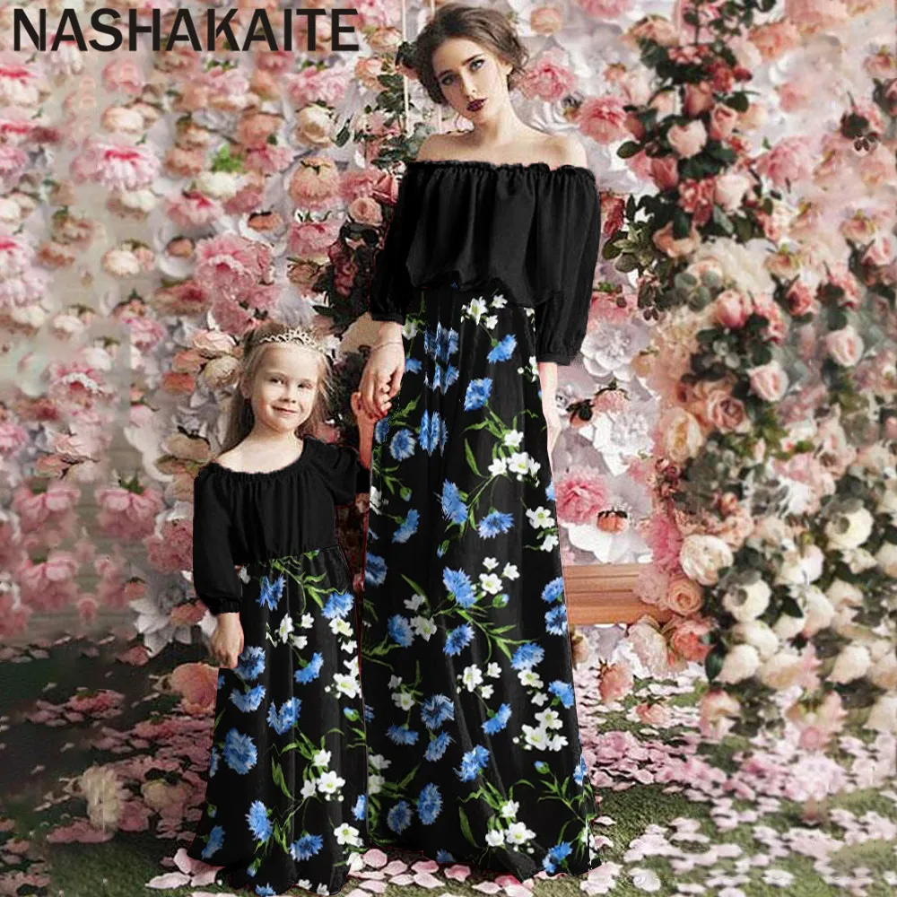 NASHAKAITE Family Look Mother And Daughter Dress Off-shoulder Floral Long Dress Mom And Daughter Clothes Mommy And Me Outfits