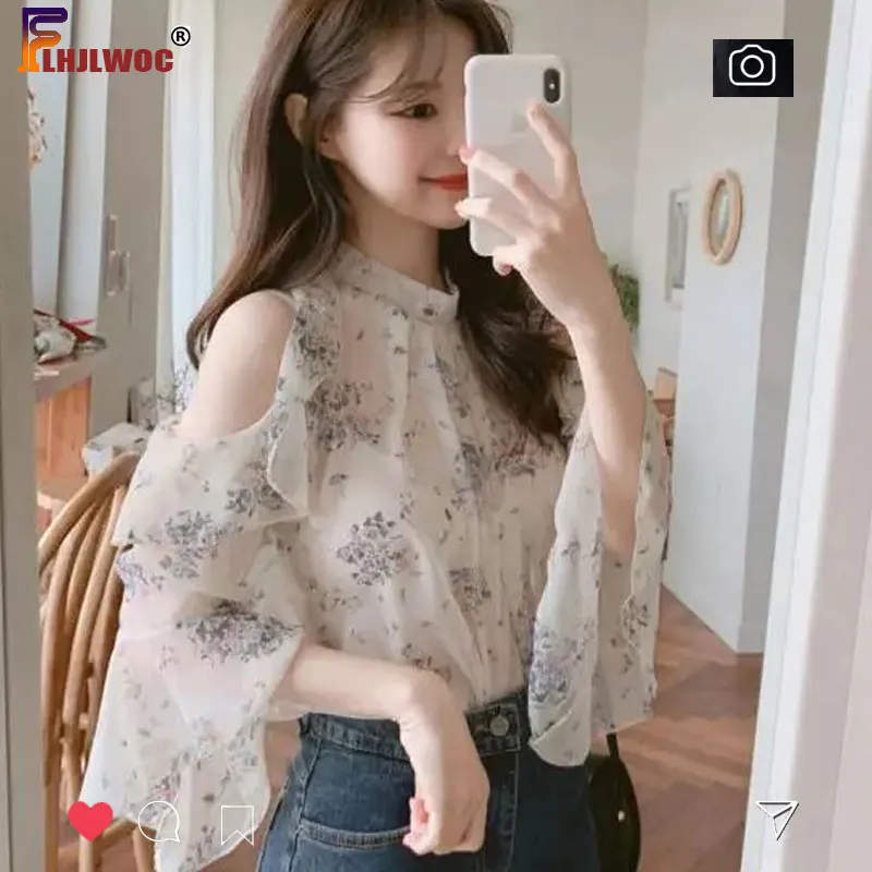 Off Shoulder Chic Tops Flare Sleeve Cute Sweet Girls Women Flhjlwoc Japanese Korea Style Floral Hollow Out Ruffled Top Blouse