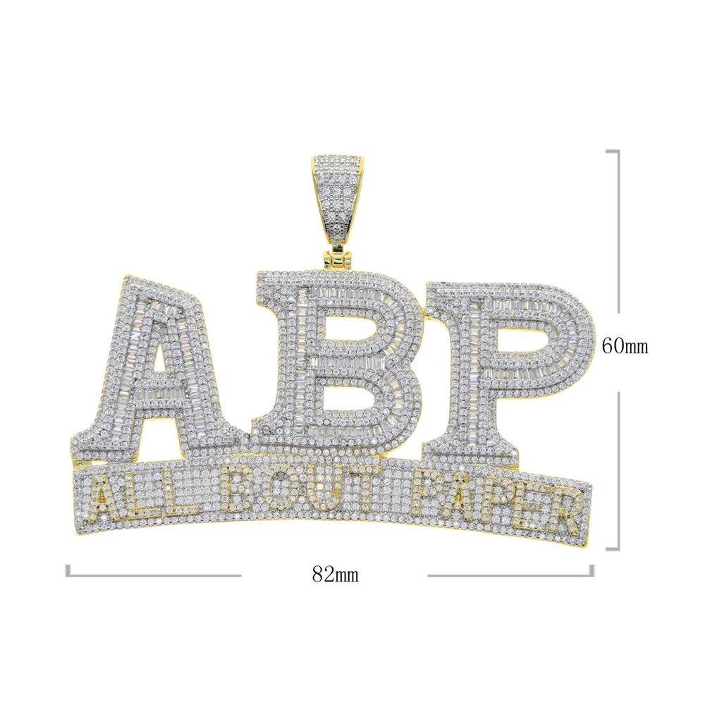 New Iced Out Bling Letter ABP Pendant Necklaces Gold Color Zircon All BouI Paper Charm Necklaces Men's Hip Hop Jewelry