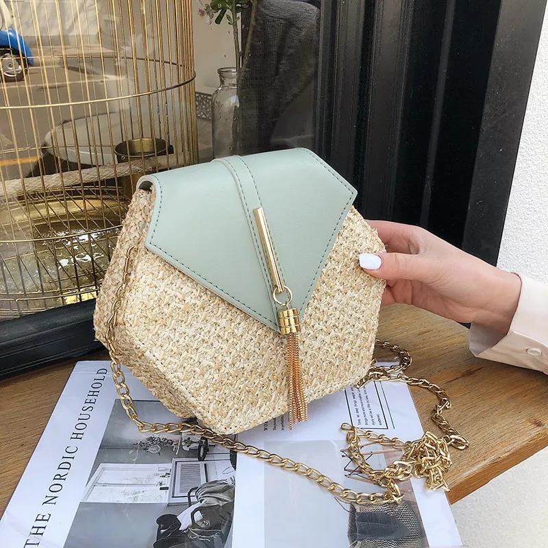 New Fashion Hexagon Mulit Style Straw+leather Handbag Women Summer Rattan Bag Handmade Woven Beach Circle Bohemia Shoulder Bag