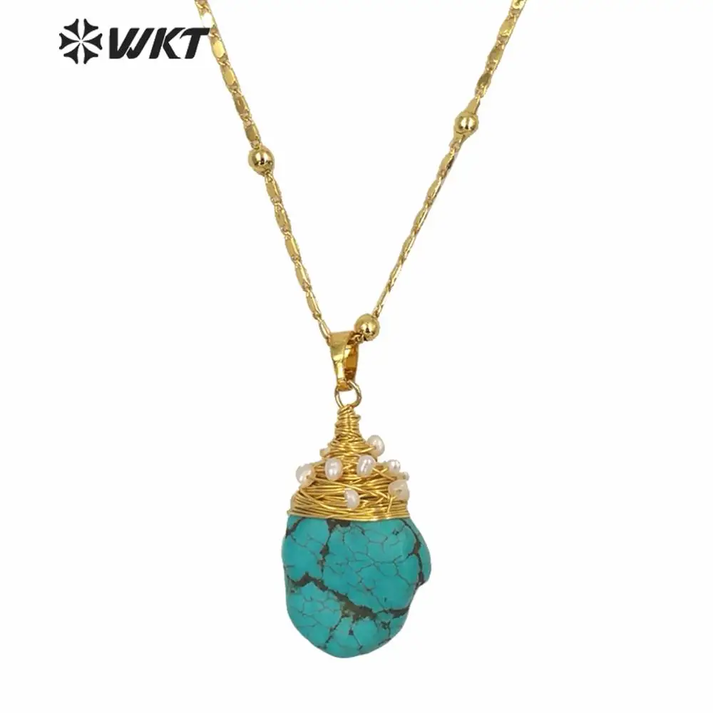 WT-N1153 Natural Turquoises Stone Necklace Howlite With Wire Wrapped Pendant White Beaded Charm Women Fashion Necklace Jewelry