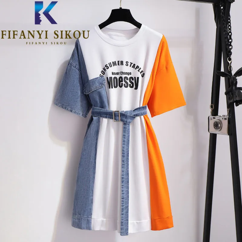 Denim Gespleißt T-Shirt Kleider Frauen Brief Druck Mode Kurzarm Hohe Taille Kurzen Kleid Weibliche Lose Beiläufige Sommer Kleid