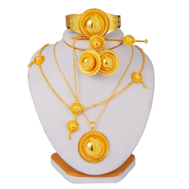 Gold Plated Ethiopian Jewelry Sets for Women Girls Dubai Habesha Jewellery with Hairpin Headchain African Bridal Wedding Gifts