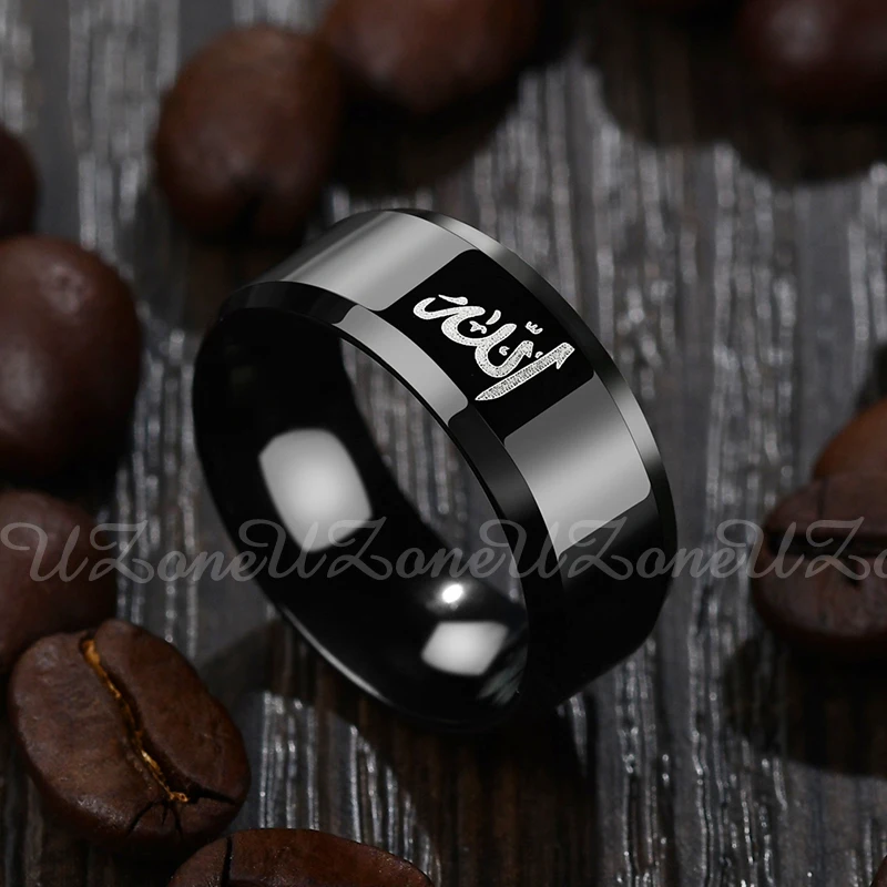 8MM Black Muslim Allah Ring Women Men Islam Arabic God Messager Stainless Steel Ring Quran Middle Eastern