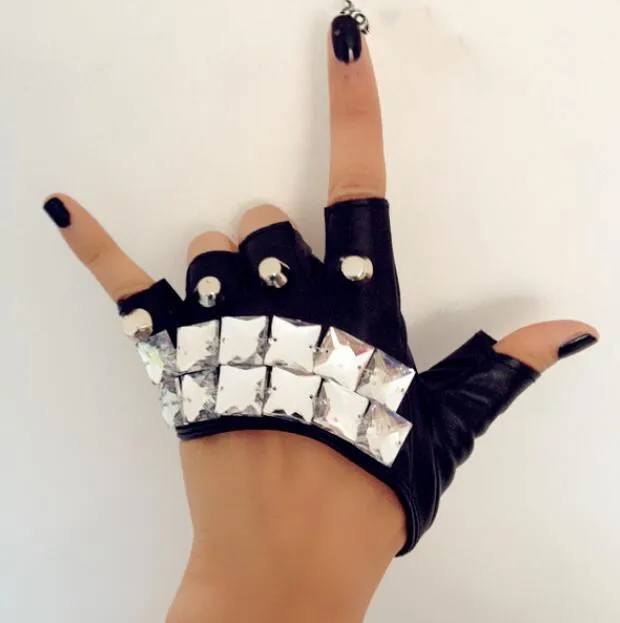 Men Women's fashion Hip-hop ds acrylic Rhinestone PU leather gloves lady's rivet night club performace punk gloves R1206